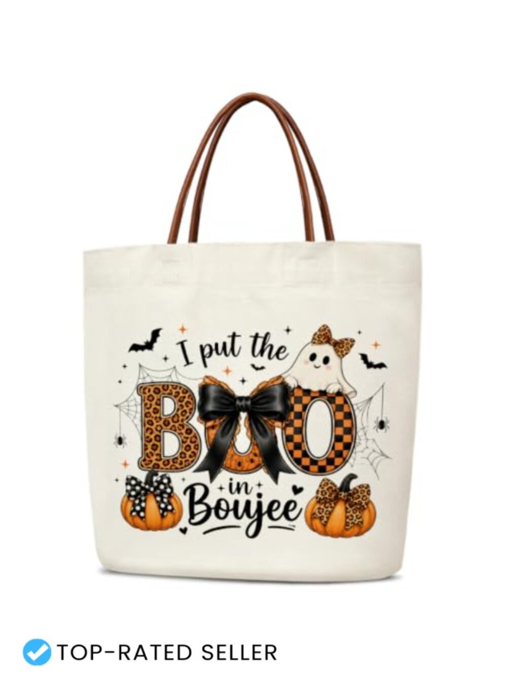 Halloween Canvas Tote Bag with Leather Handles Reusable Grocery Shopping Bag